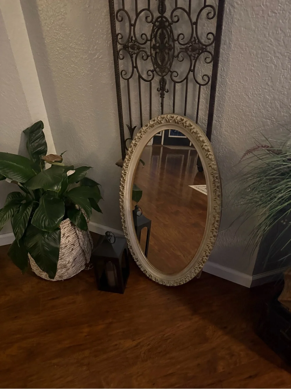 Vintage Oval Wall Mirror Featuring An Ornate, Off-White And Gold-Accented Frame